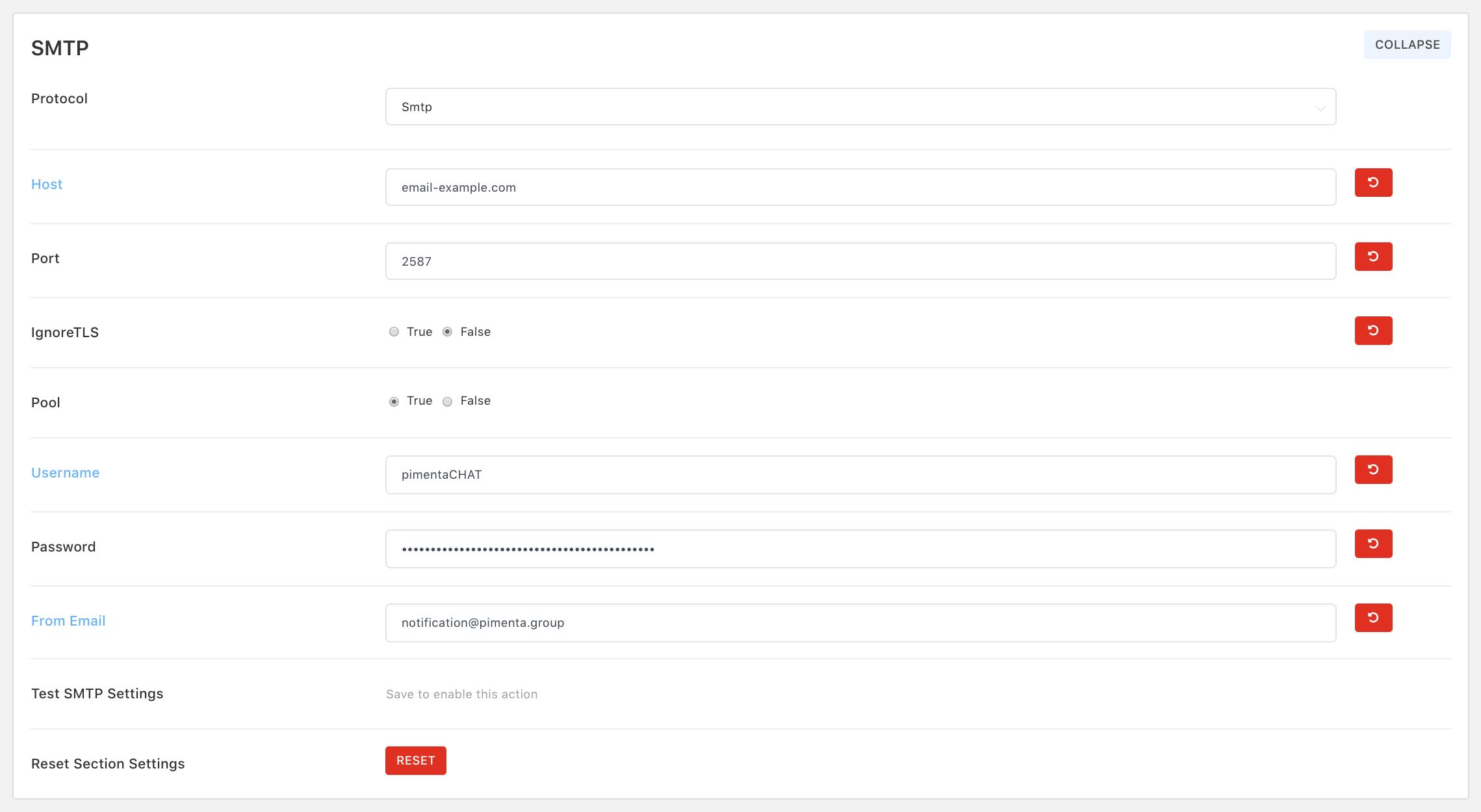 SMTP server configuration.